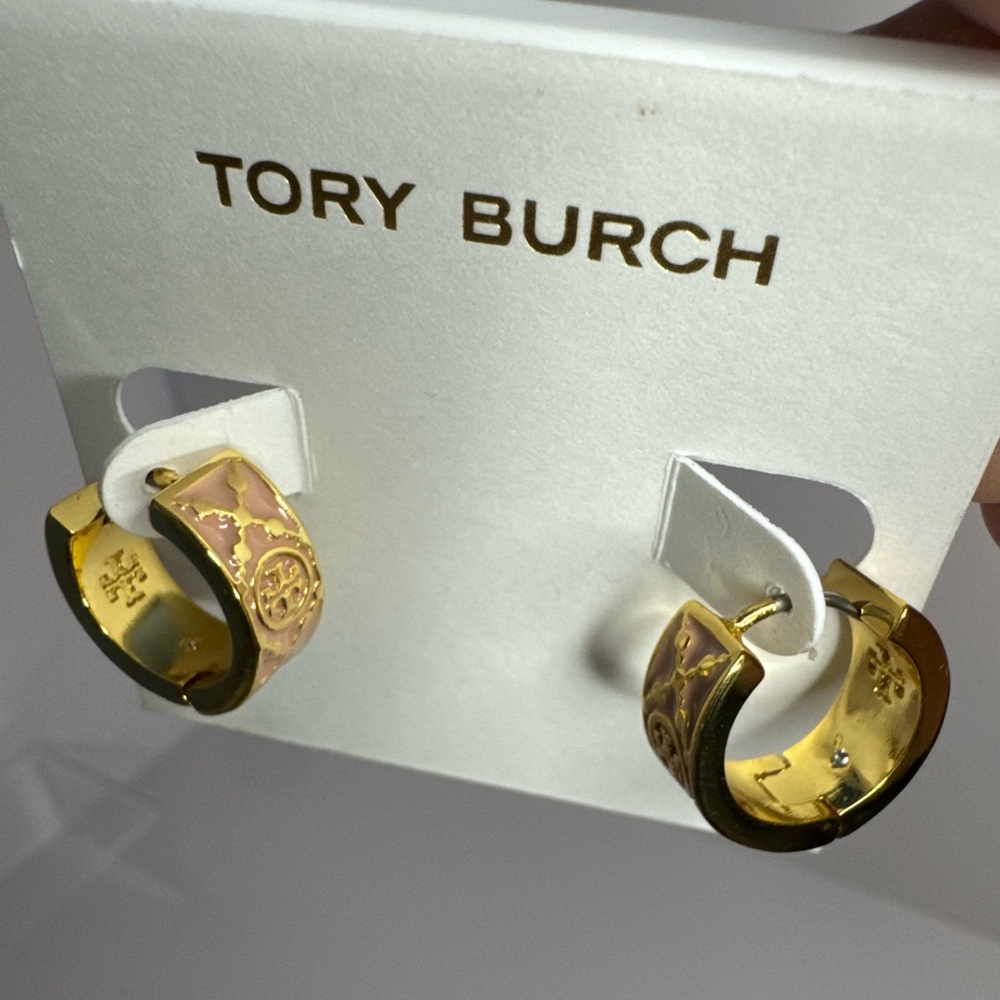 Tory Burch New Monogram Pink Enamel & Gold Plated Huggie Earrings - Picture 5 of 10